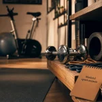 Materiel sport maison : tapis, haltères, bandes élastiques, corde à sauter