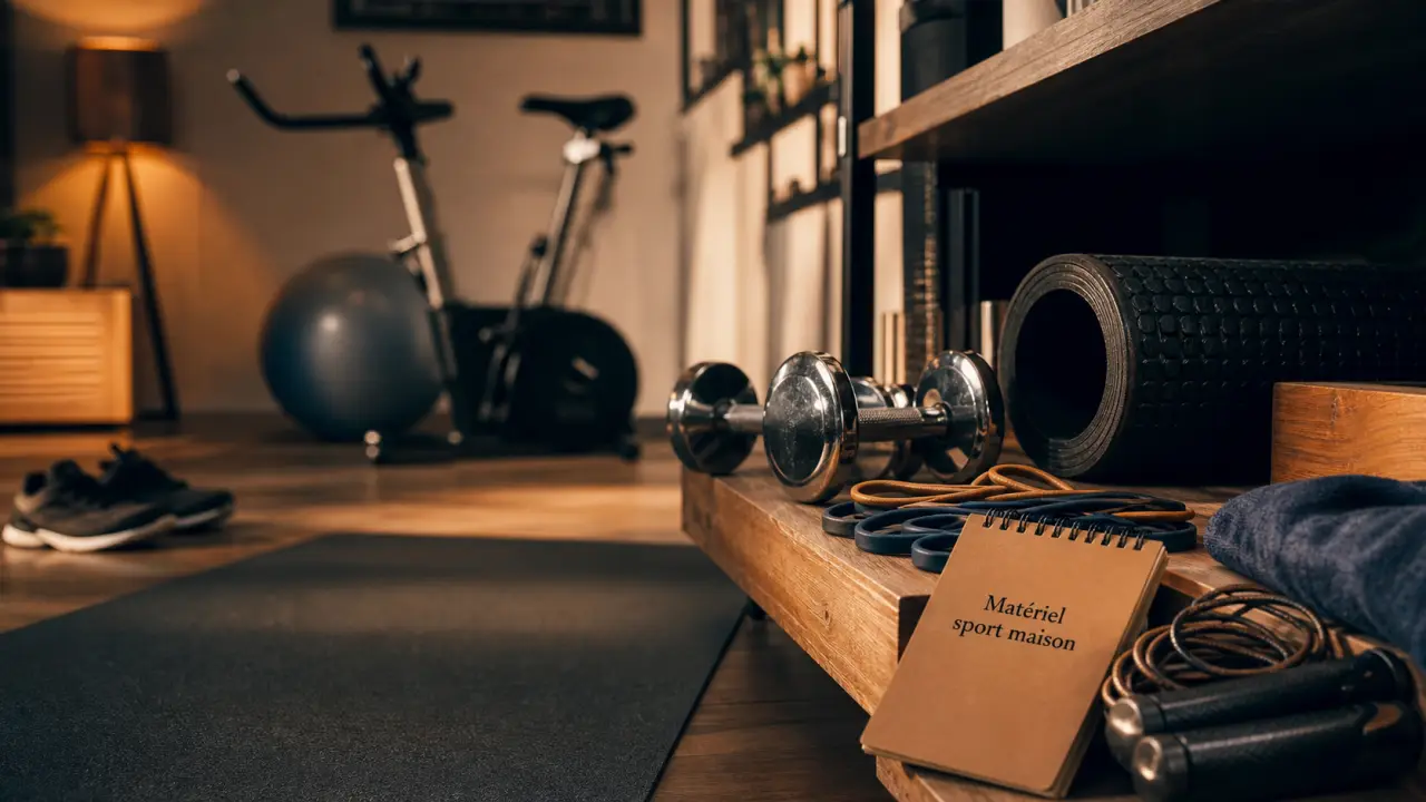 Materiel sport maison : tapis, haltères, bandes élastiques, corde à sauter