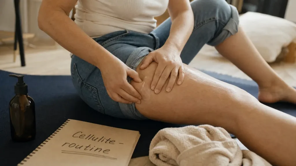 Perdre cellulite des cuisses : femme applique une crème avec palper-rouler sur la cuisse