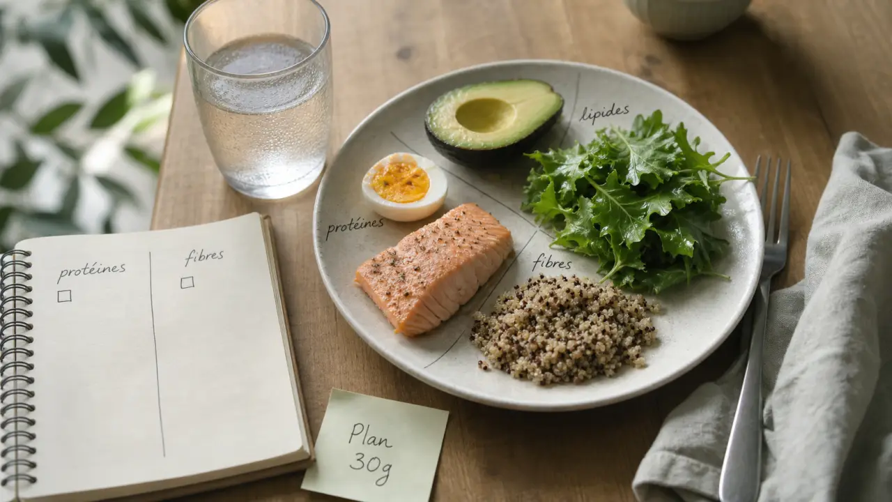 Plan alimentaire pour perte de poids : assiette 30g, protéines et fibres, suivi au carnet