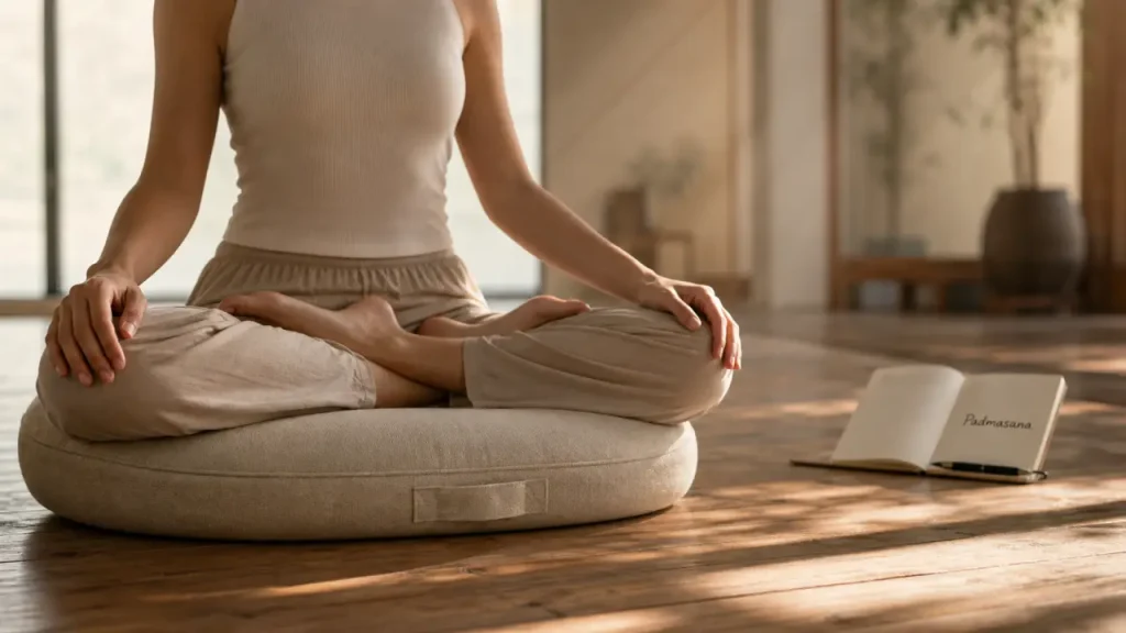 Position lotus : pratiquant assis en demi-lotus, stabilité et respiration