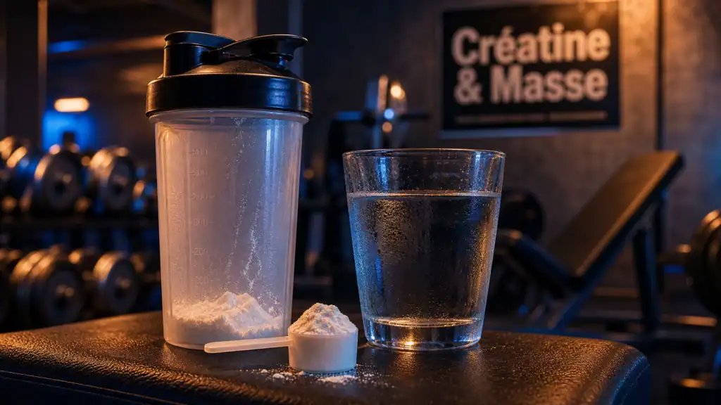 Prise de masse creatine : shaker de créatine et eau au fitness