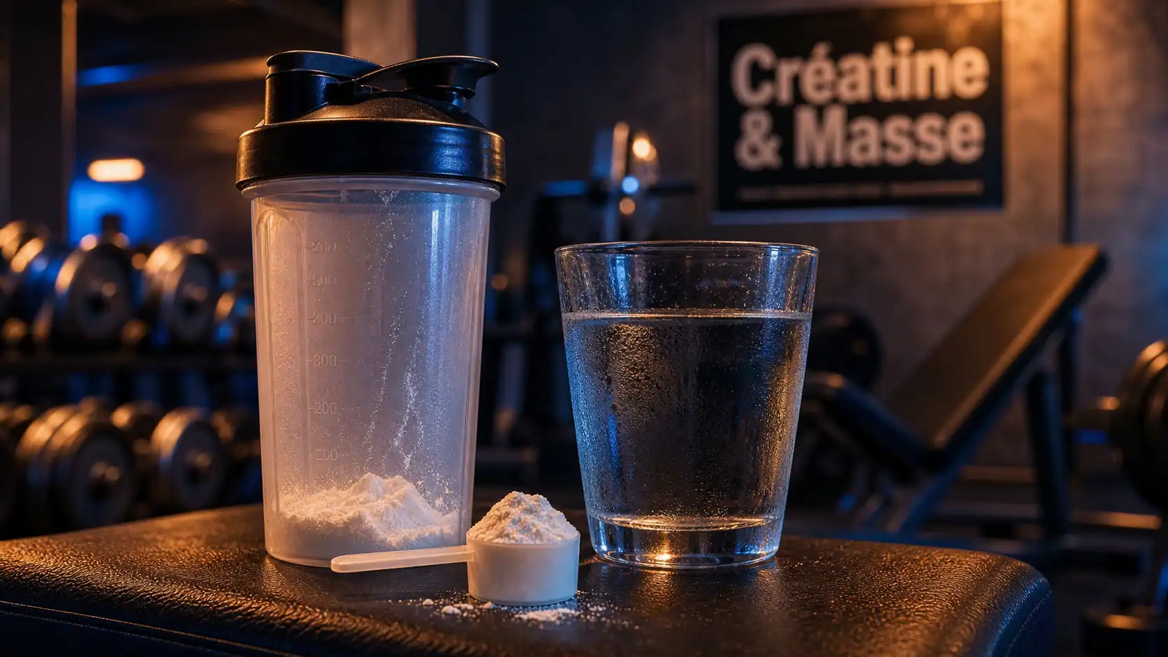 Prise de masse creatine : shaker de créatine et eau au fitness