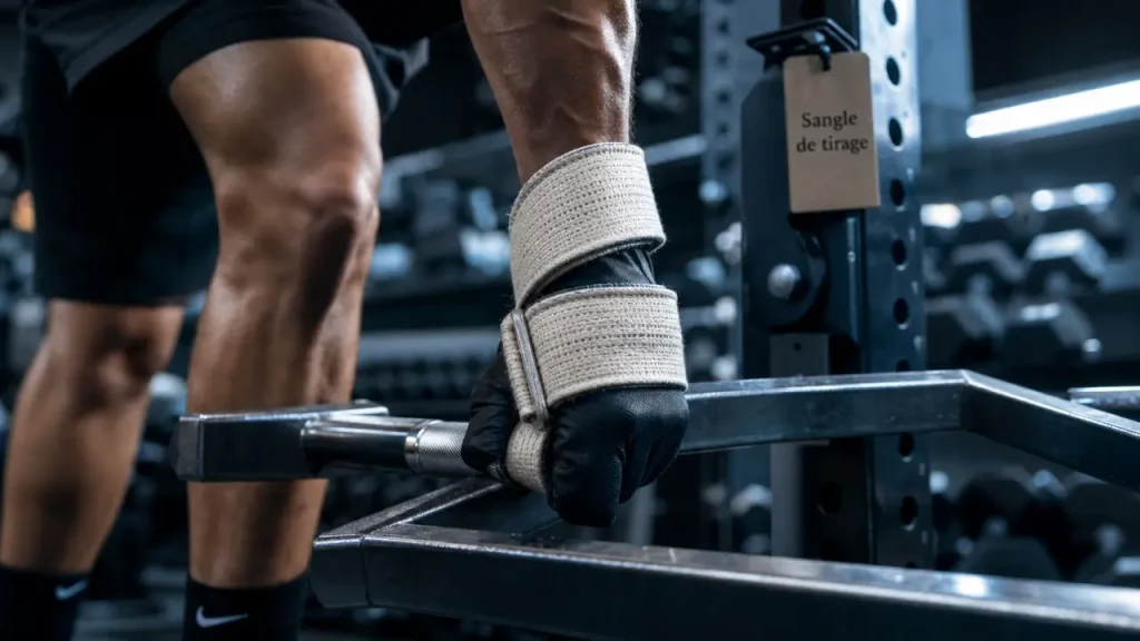 Sangle de tirage musculation sur barre hexagonale, boucle autour du poignet