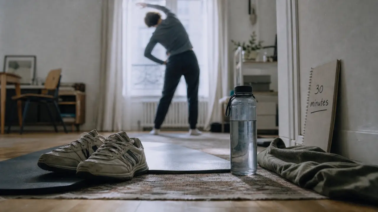 30 min de sport par jour, étirement sur tapis et bouteille d’eau