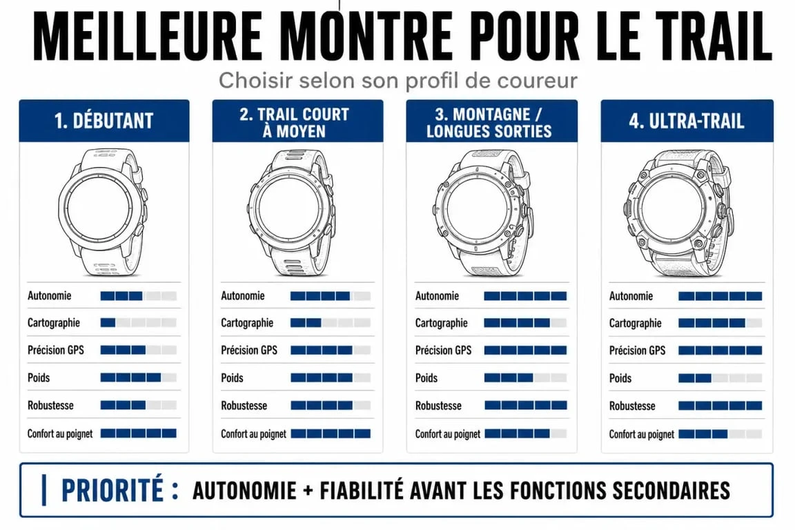 Meilleur montre pour le trail : infographie comparative des critères clés selon le profil de coureur
