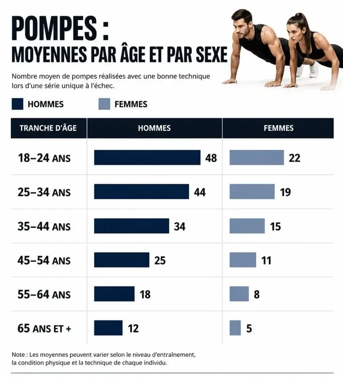 Tableau des normes de nombre de pompes selon l'âge et le sexe pour évaluer sa condition physique