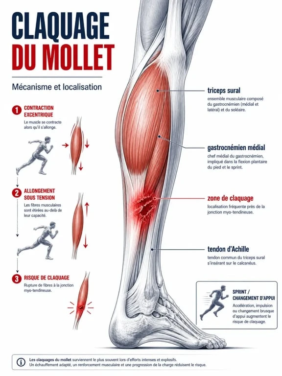 Symptomes claquage mollet : schéma du mollet avec zone de douleur, muscles et tendon d’Achille