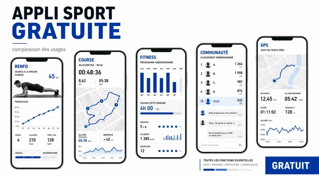 Comparatif visuel de la meilleure appli sport gratuite pour choisir entre running, fitness à la maison et suivi d’entraînement