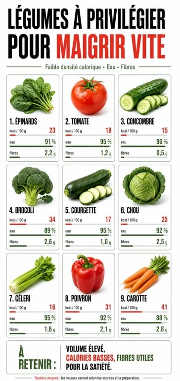 Infographie sur quel légume pour maigrir vite avec les légumes les plus intéressants et leurs atouts minceur