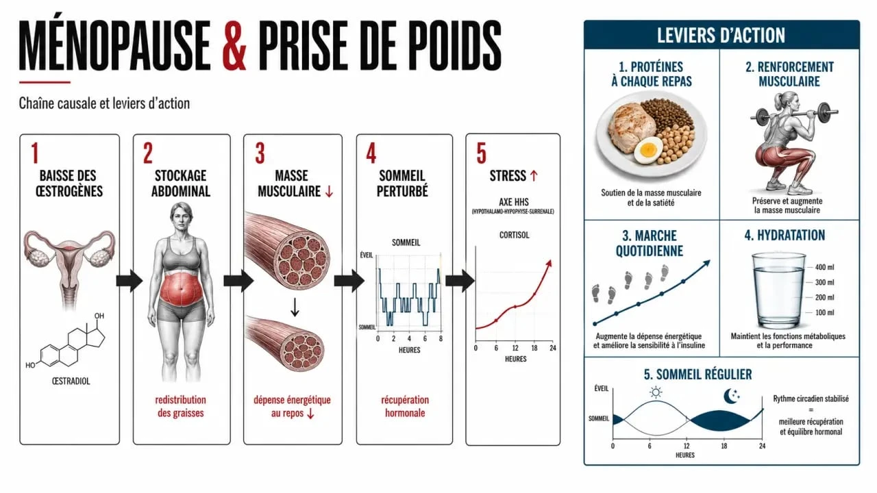Comment perdre du poids menopause : schéma des mécanismes hormonaux et des leviers d’action