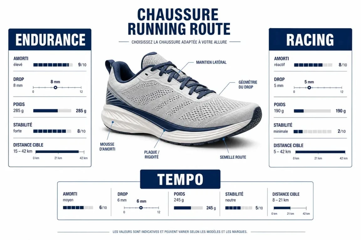 Chaussure running route : comparatif visuel des critères amorti, drop, poids et stabilité