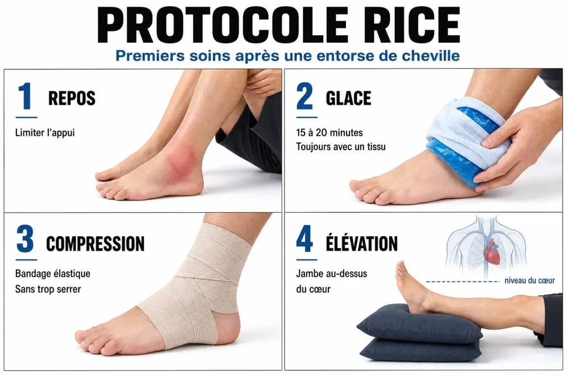 Protocole RICE après une entorse de cheville avec repos, glace, compression et élévation