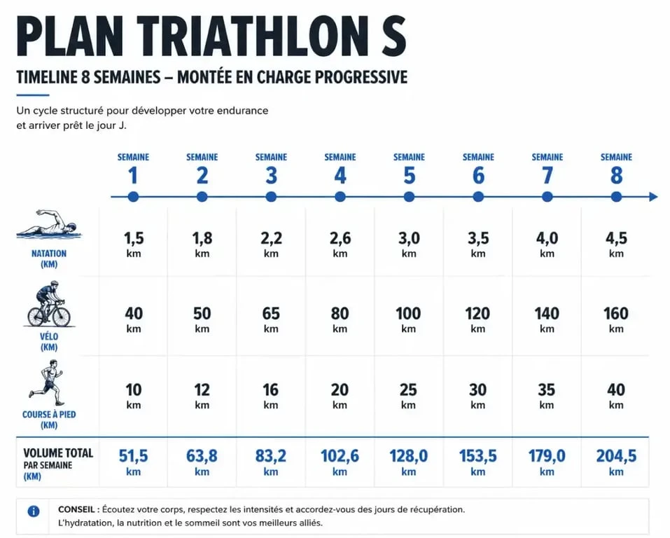 Infographie du plan d'entraînement triathlon S sur 8 semaines pour une préparation structurée