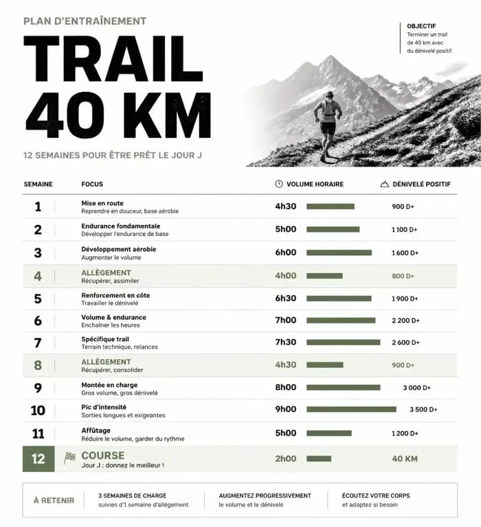Plan entrainement trail 40 km sur 12 semaines avec volume et D+