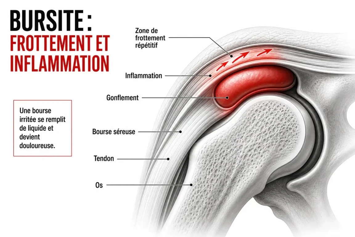 Schéma de comment soigner une bursite montrant la bourse séreuse, la friction et l’inflammation autour d’une articulation