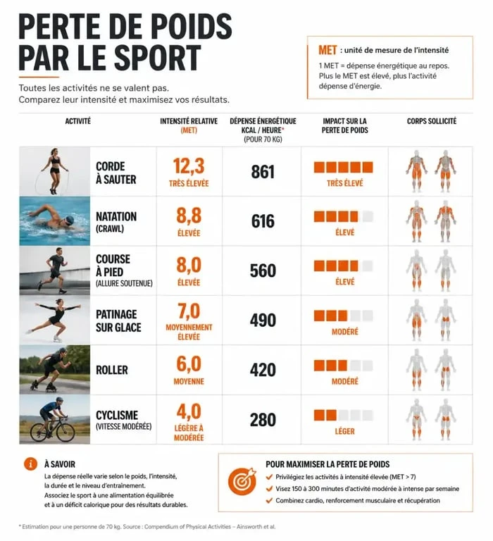 Infographie sur perdre poids rapidement sport avec comparaison des activités les plus efficaces pour brûler des calories