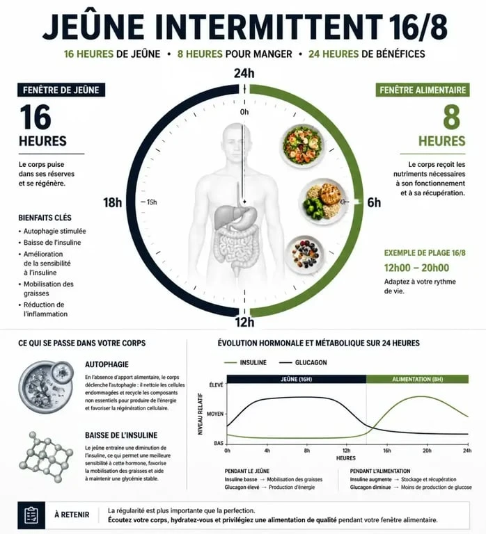 Infographie explicative du jeûne intermittent 16/8 avec menu PDF et bienfaits métaboliques