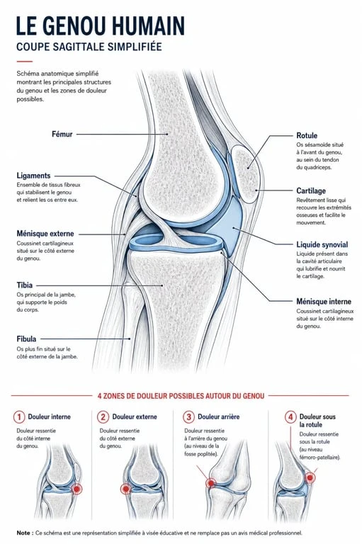 Schéma du genou qui craque et douleur avec anatomie simplifiée et zones douloureuses