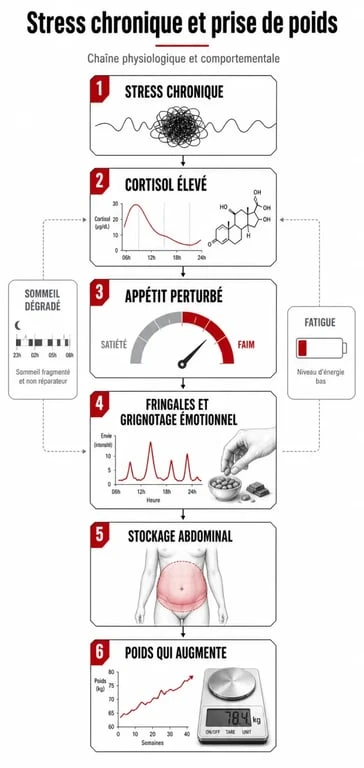 Le stress fait grossir : schéma causal du cortisol, des fringales et du stockage abdominal