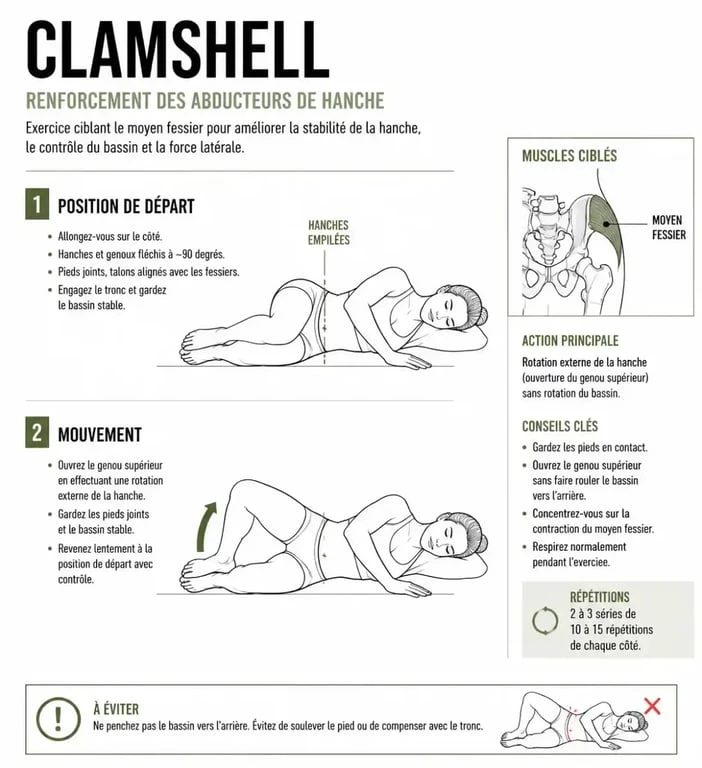 Exercice de renforcement pour la tendinite du moyen fessier : mouvement de clamshell