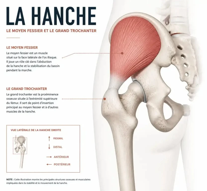 Anatomie de la hanche et localisation de la tendinite du moyen fessier au niveau du grand trochanter