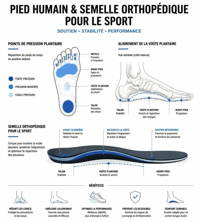Schéma anatomique du pied et rôle de la semelle orthopédique pour le sport