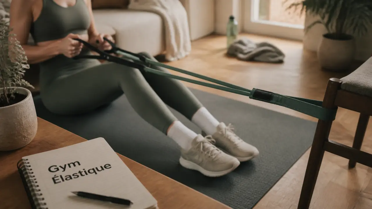 Gym avec un elastique : tirage dos sans machine, bande de résistance.
