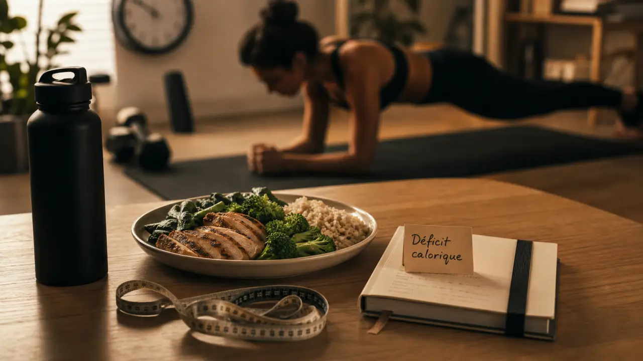Perdre du ventre et hanche : déficit calorique et sport, ruban à mesurer et assiette