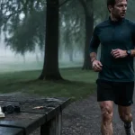 Courir 3 fois par semaine résultat : chrono et silhouette, coureur en parc, bracelet cardio, matin brumeux