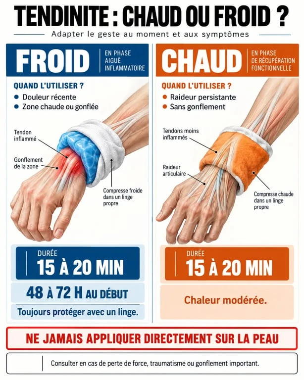 Chaud ou froid pour une tendinite : repères selon douleur récente, gonflement ou raideur persistante