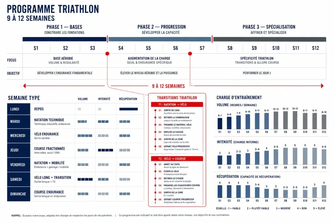 Programme entraînement triathlon sur 9 à 12 semaines avec phases et semaine type