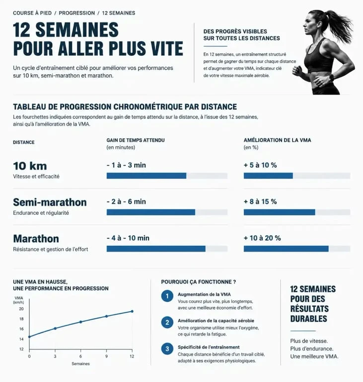 Progression chronométrique attendue en courant 3 fois par semaine sur 10 km, semi-marathon et marathon