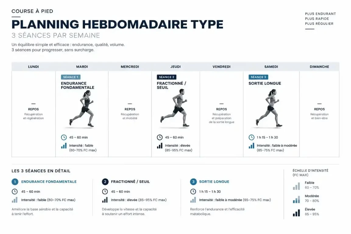 Planning type pour courir 3 fois par semaine avec résultat optimal sur endurance, fractionné et sortie longue