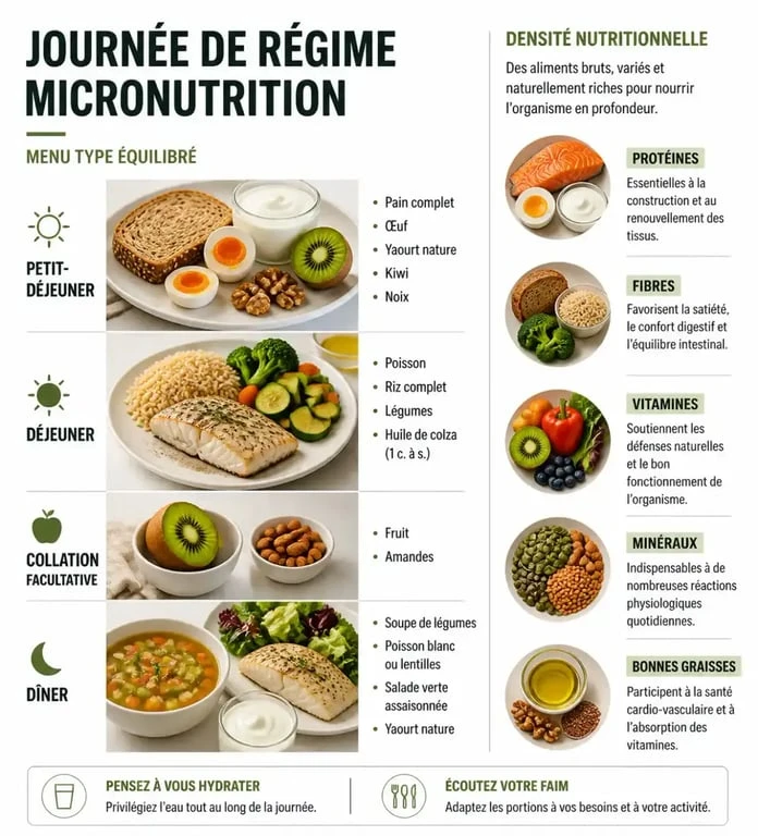 Régime micronutrition menu type sur une journée avec repas riches en protéines, fibres, vitamines et bonnes graisses