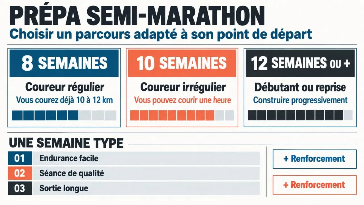 Infographie de prépa semi marathon sur 8, 10 ou 12 semaines et trois séances hebdomadaires