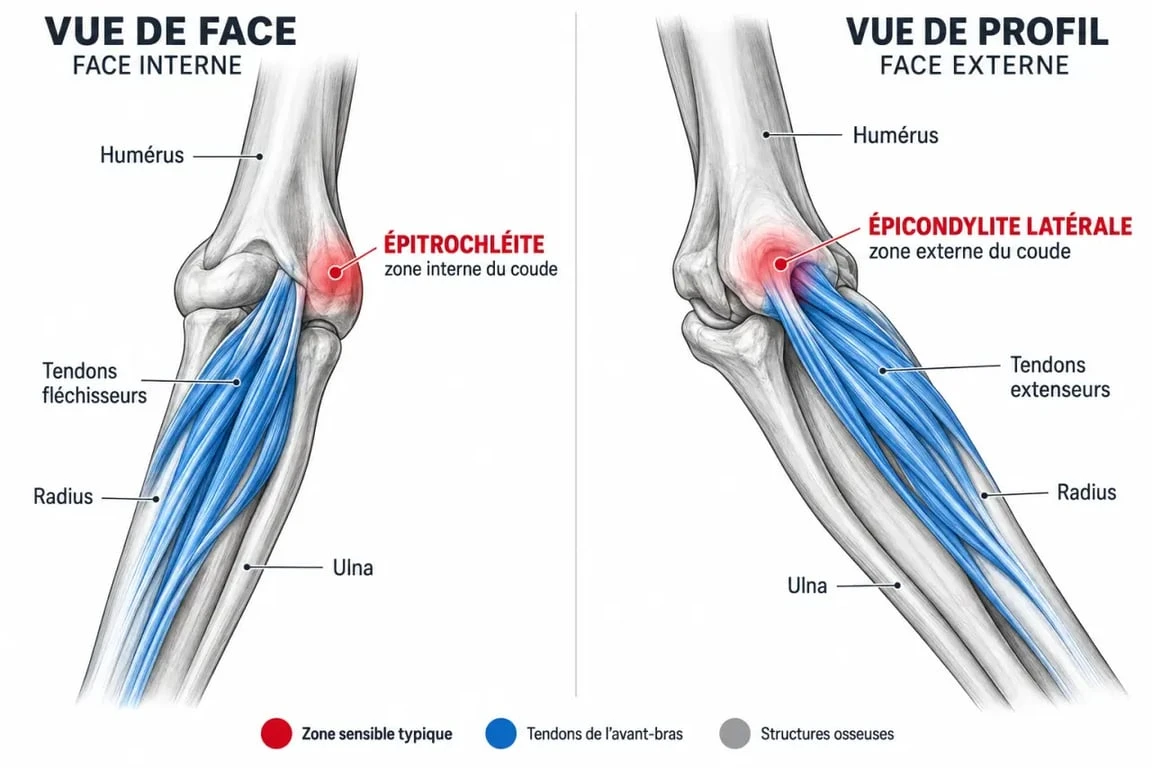 Schéma des zones douloureuses pour soulager une tendinite du coude