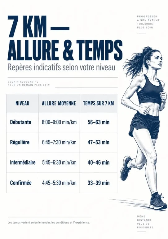 Temps moyen course 7 km femme selon le niveau et l'allure