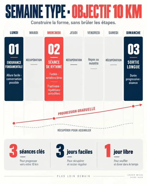 Infographie sur l’entraînement au 10 km avec endurance, fractionné, sortie longue et récupération