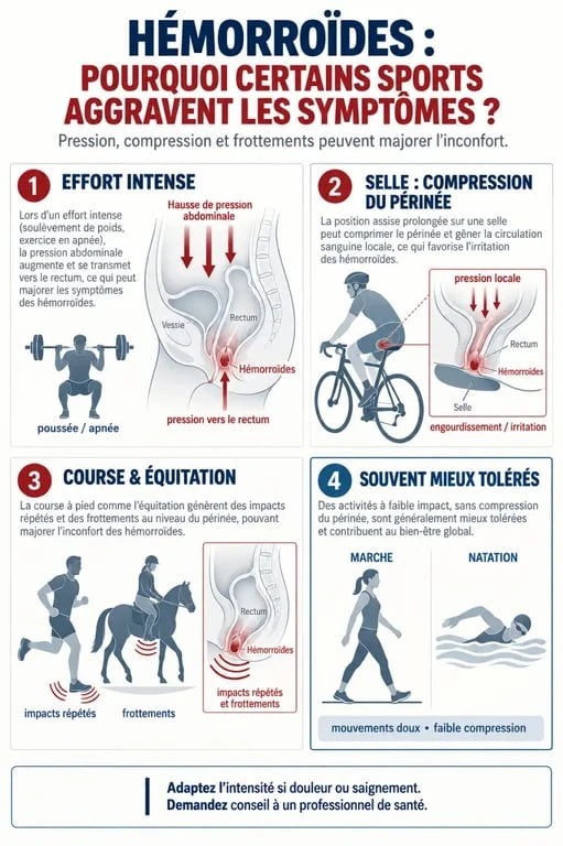 Infographie sur les hémorroïdes et le sport à éviter selon la pression, la compression et les impacts