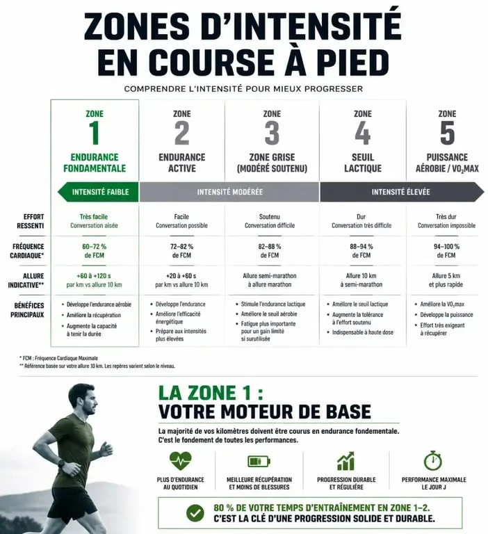 Tableau d'endurance fondamentale et zones d'intensité en course à pied