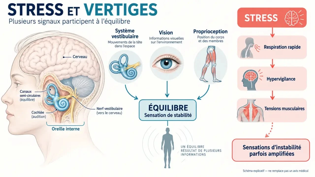 Schéma expliquant le lien entre stress et vertiges et le rôle du système vestibulaire