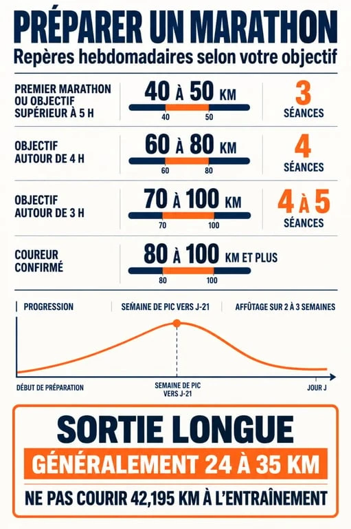 Infographie sur combien de km par semaine pour préparer un marathon selon le niveau et l’objectif