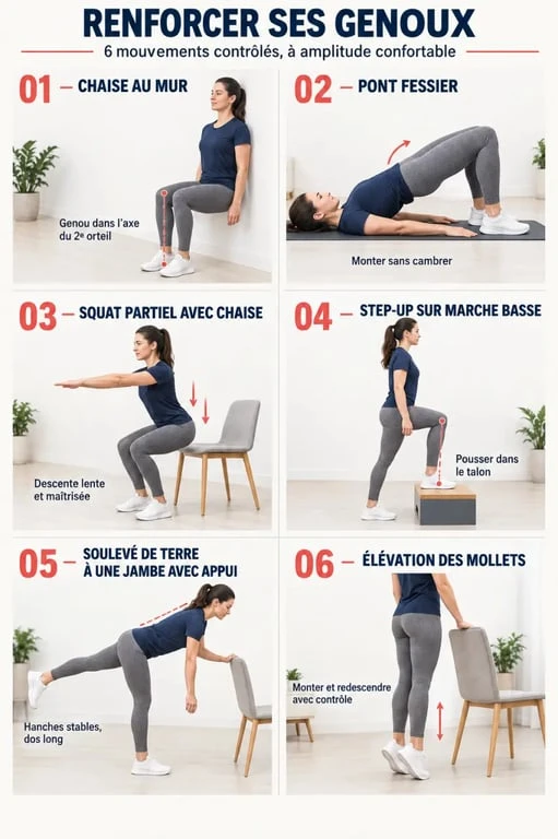 Exercices de renfo genoux à la maison avec contrôle de l’alignement et de la descente