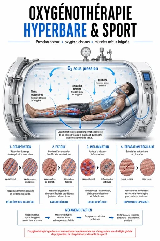 Oxygénothérapie sport : schéma du caisson hyperbare et de la récupération musculaire
