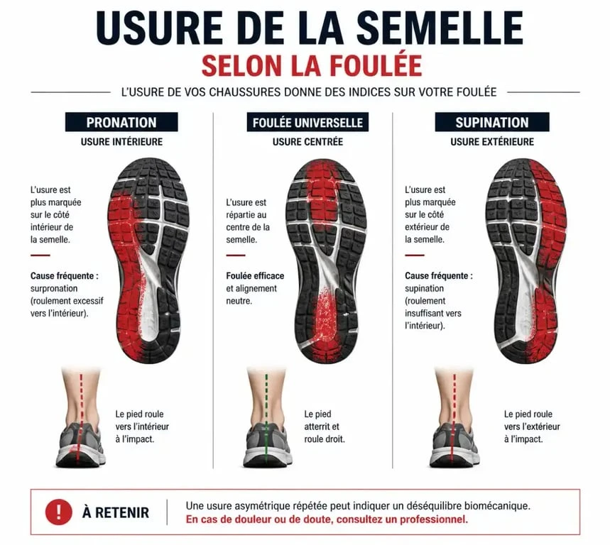 Schéma d'usure de semelle de chaussure de running selon le type de foulée