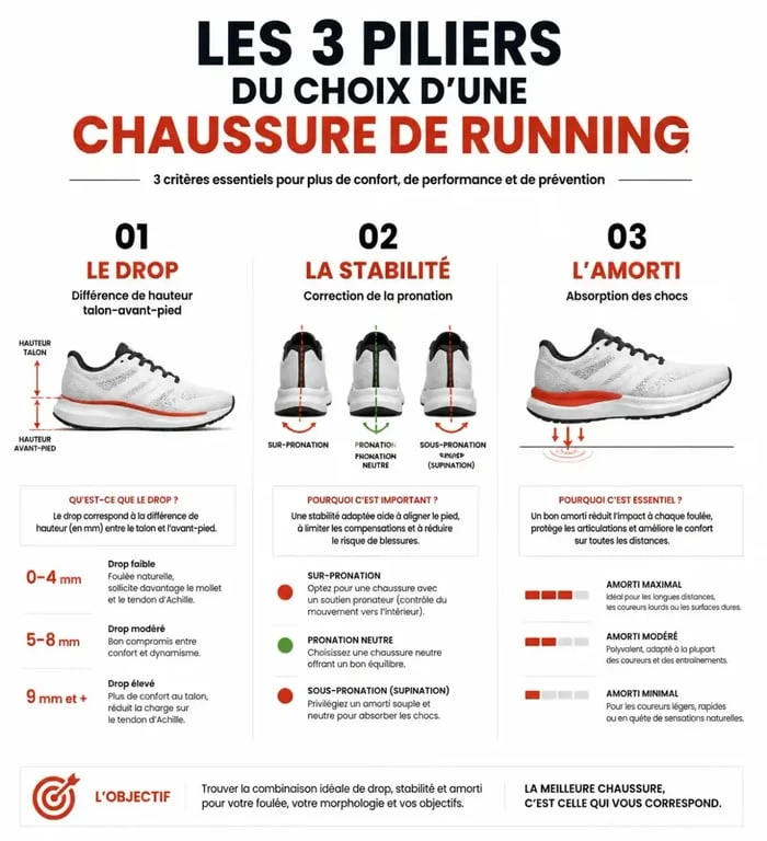 Infographie sur les critères techniques pour choisir ses chaussures de running : drop, stabilité et amorti