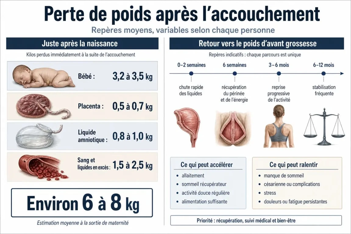 Infographie pour perdre poids après grossesse montrant les kilos perdus à la naissance et les délais moyens de retour au poids d’avant grossesse