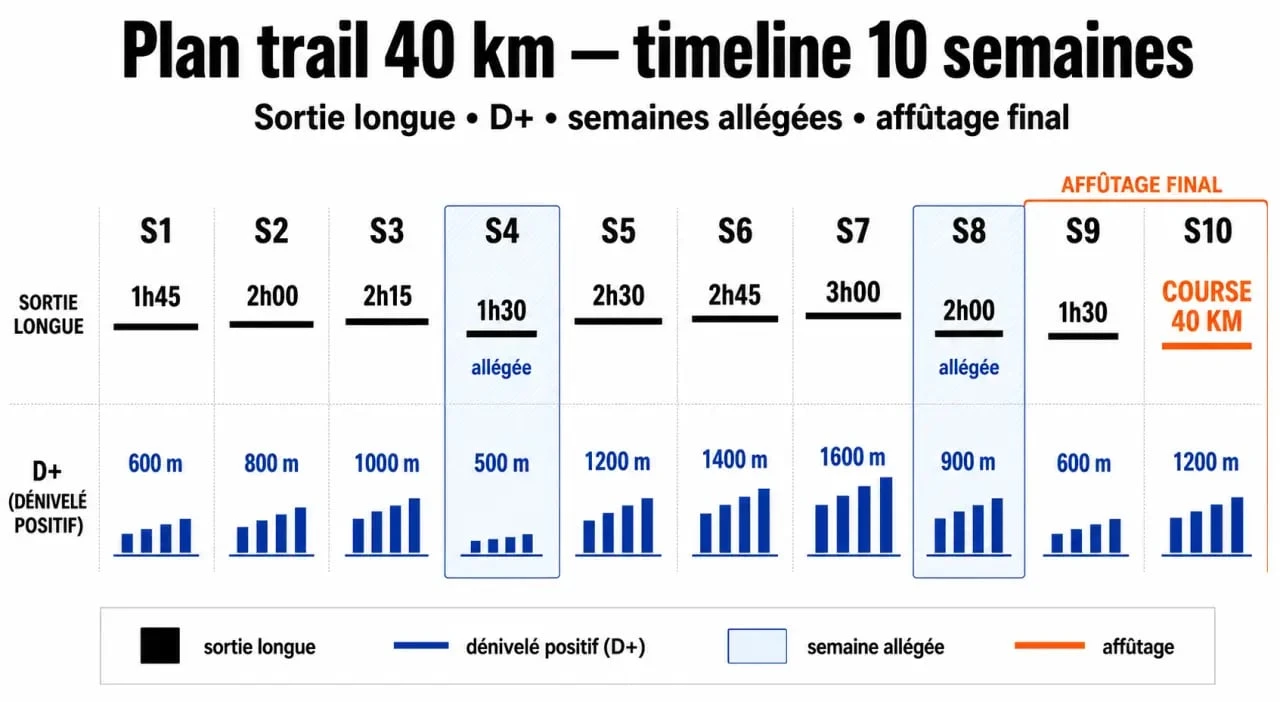 Plan entraînement trail 40 km PDF : timeline visuelle de 10 semaines avec sortie longue, D+ et affûtage