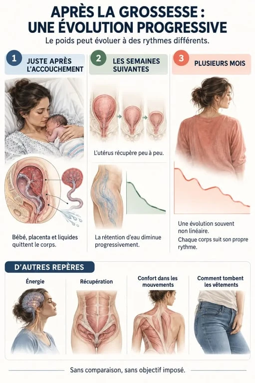 Perdre du poid apres grossesse : infographie sur la reprise progressive du poids après l'accouchement